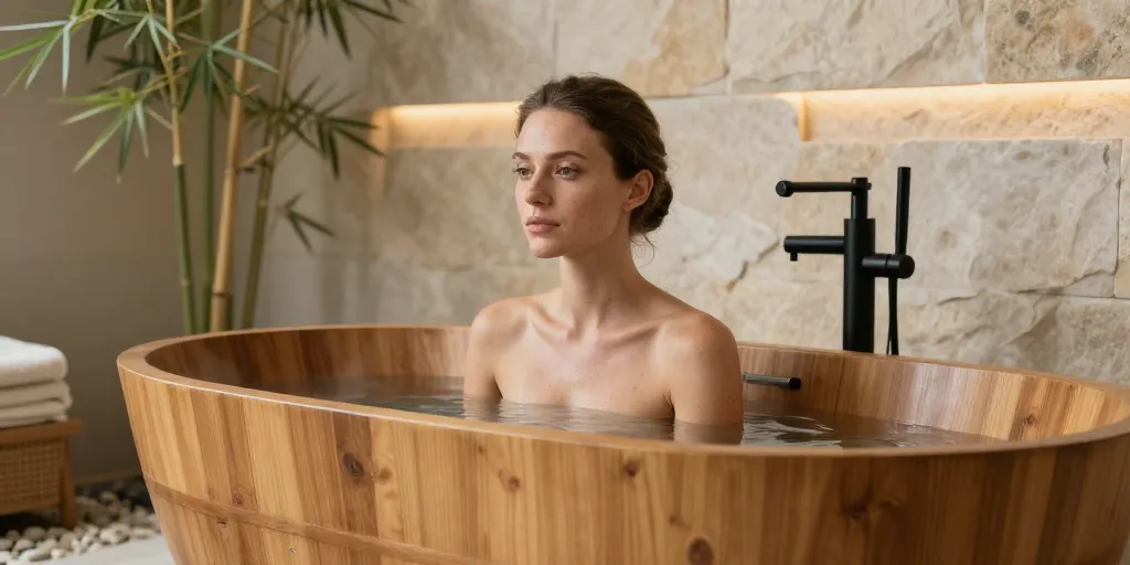 zen salle de bain bois et pierre